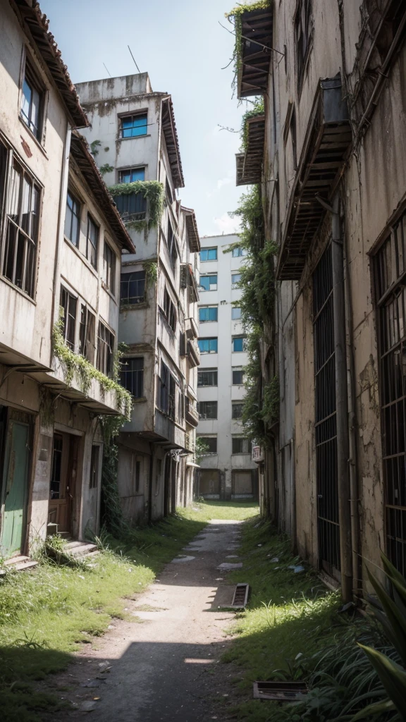 Make an art of an abandoned place, with vegetation taking over the buildings And animals inhabiting