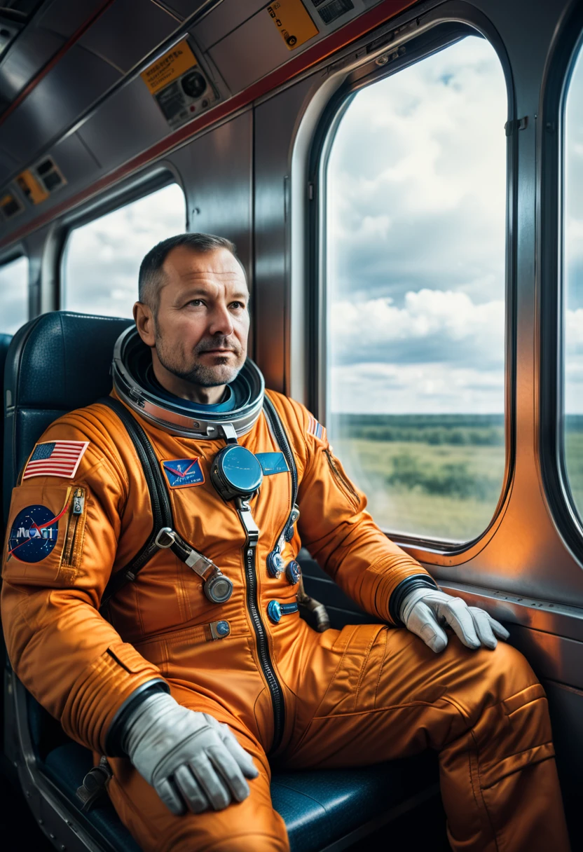 Editorial Photography of a strong male steampunk cosmonaut ((40 year old)) sitting in front of a train window to earth looking over shoulder at camera, back to viewer, realistic skin, Photojournalism, retrofuturism, Kodak Ektar, Depth of Field, F/1.8, Dark, 4k, Powerful, Volumetric, vignette