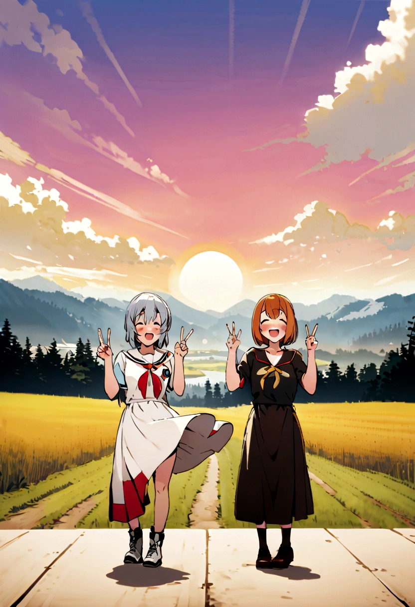 Two Women, Asuka Shikinami and Rei Ayanami, Having ???? sex outdoors、???? Release, smile, excited, incontinence, Double Peace Sign