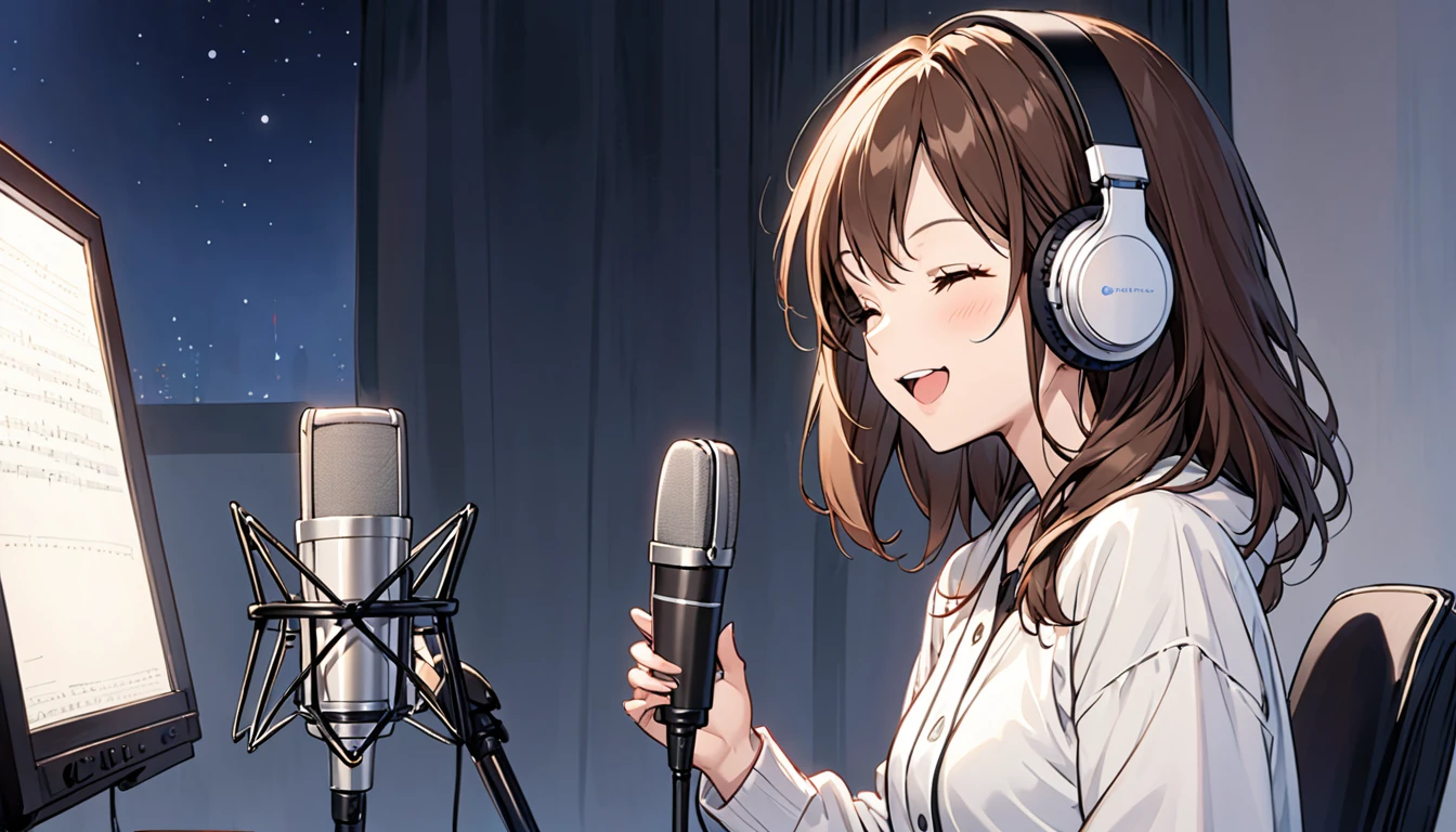 Girl wearing headphones,Singing quietly,Brown Hair,One girl,Winking,Late night studio