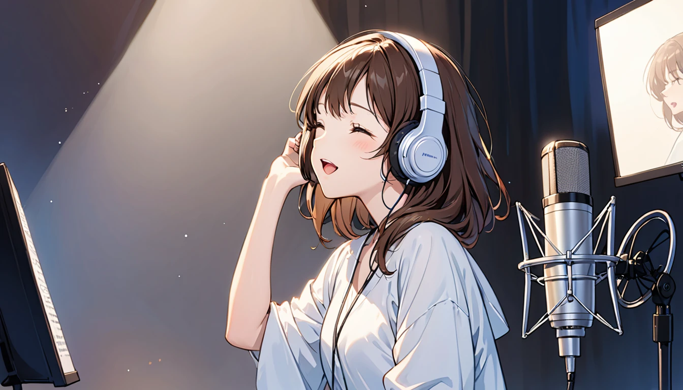 Girl wearing headphones,Singing quietly,Brown Hair,One girl,Winking,Late night studio