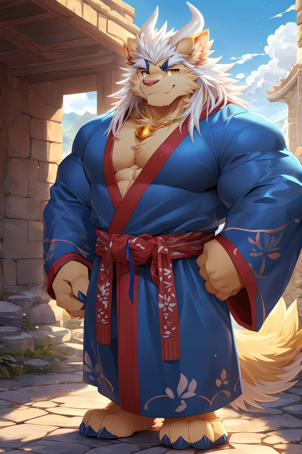 (sfw:1.5), male focus, Handsome 1boy, solitary, single,protrait photo, (Platinum thick eyebrows:1.3), (Dark blue nails, Dark blue claws:1.3), Light golden skin, Light blond hair, (Pale golden tail:1.4), (perfect golden eyes:1.4), (Pale golden ears, Light golden body:1.3), (White horn, White curved corner:1.4), (White hair:1.4),
Kirin, feet, kirin, kirin boy, kirin body, (large eyes:1.4), (Kirin尾巴:1.4), (Chubby, The body is huge, Larger face:1.4), (Human feet:1.3), (Four toes:1.4), (Bare neck:1.4),
(Hanfu:1.5), (宽松的Short-sleeved robe:1.4), (Dark blue robe, Dark blue robe, Short-sleeved robe, Short-sleeved robe:1.3), (Gold strap:1.3), (A golden jade pendant hangs around the waist:1.3), (Golden robe texture:1.3), (sparkling, Golden:1.2),
(full body:1.3), (Mature men:1.4), (Strong body, muscle,Strong male, muscle男:1.3), (Chest muscles:1.3), (Thick arms, Strong and strong legs, Strong legs:1.3), (look up, Standing:1.3), (Looking at the audience, Focus, Eyes gaze:1.2), (Smile:1.3),
full background, (ground, Blue sky, White Cloud, daytime:1.2), Mountain, Ancient buildings, outdoor,
Mysterious and romantic atmosphere, Caustic lines(refraction, polarization)Perfect anatomical structure, absurd, Detailed background, (Delicate eyes:1.3), Printing style。((artist:Takemoto Arashi))