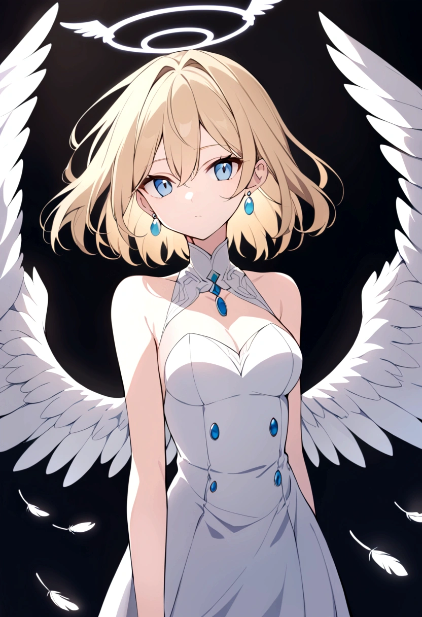 slender, mature female,wings, rating:safe, angel_wings, feathered_wings, white_wings, 1girl, solo, feathers, breasts, angel, halo, bare_shoulders, blue_eyes, multiple_wings, looking_at_viewer, jewelry, white_feathers, closed_mouth, short_hair, medium_breasts, earrings, blonde_hair, long_hair, sleeveless, dress, eyebrows_visible_through_hair, bangs, white_dress, hair_between_eyes, expressionless, upper_body, sky, spread_wings, sleeveless_dress, hair_intakes, black_background, single_wing