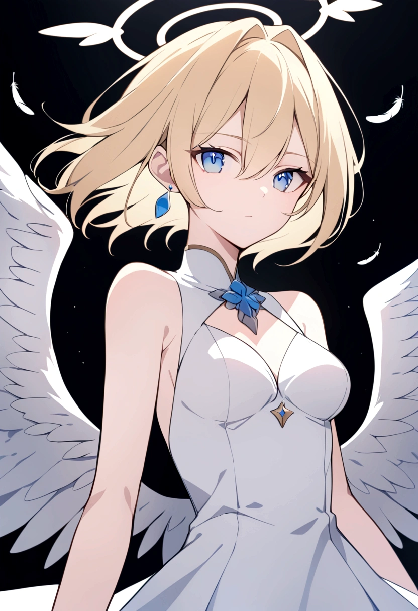 slender, mature female,wings, rating:safe, angel_wings, feathered_wings, white_wings, 1girl, solo, feathers, breasts, angel, halo, bare_shoulders, blue_eyes, multiple_wings, looking_at_viewer, jewelry, white_feathers, closed_mouth, short_hair, medium_breasts, earrings, blonde_hair, long_hair, sleeveless, dress, eyebrows_visible_through_hair, bangs, white_dress, hair_between_eyes, expressionless, upper_body, sky, spread_wings, sleeveless_dress, hair_intakes, black_background, single_wing