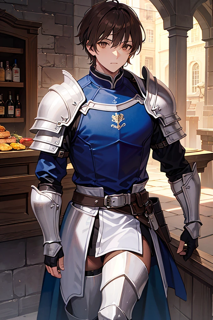 man, adventurer, knight, armor, brown hair, brown eyes, blue and black clothing, manly, alone, medieval tavern background
