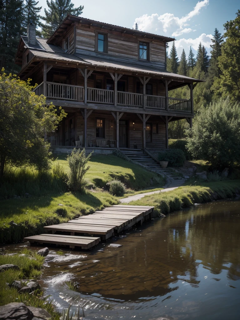 Masterpiece, Illustrate a scene featuring  a rocking chair on a terrace, The setting is a weathered wooden house adorned with clusters of dried grass, nestled on the tranquil banks of a river. Tall birch trees, vibrant flowers, and the mesmerizing touch of witchcore aesthetics complete this captivating tableau, 16K, ultra high res.photorealistic, HDR, UHD, DSLR, RAW, cinematic lighting,Horror 