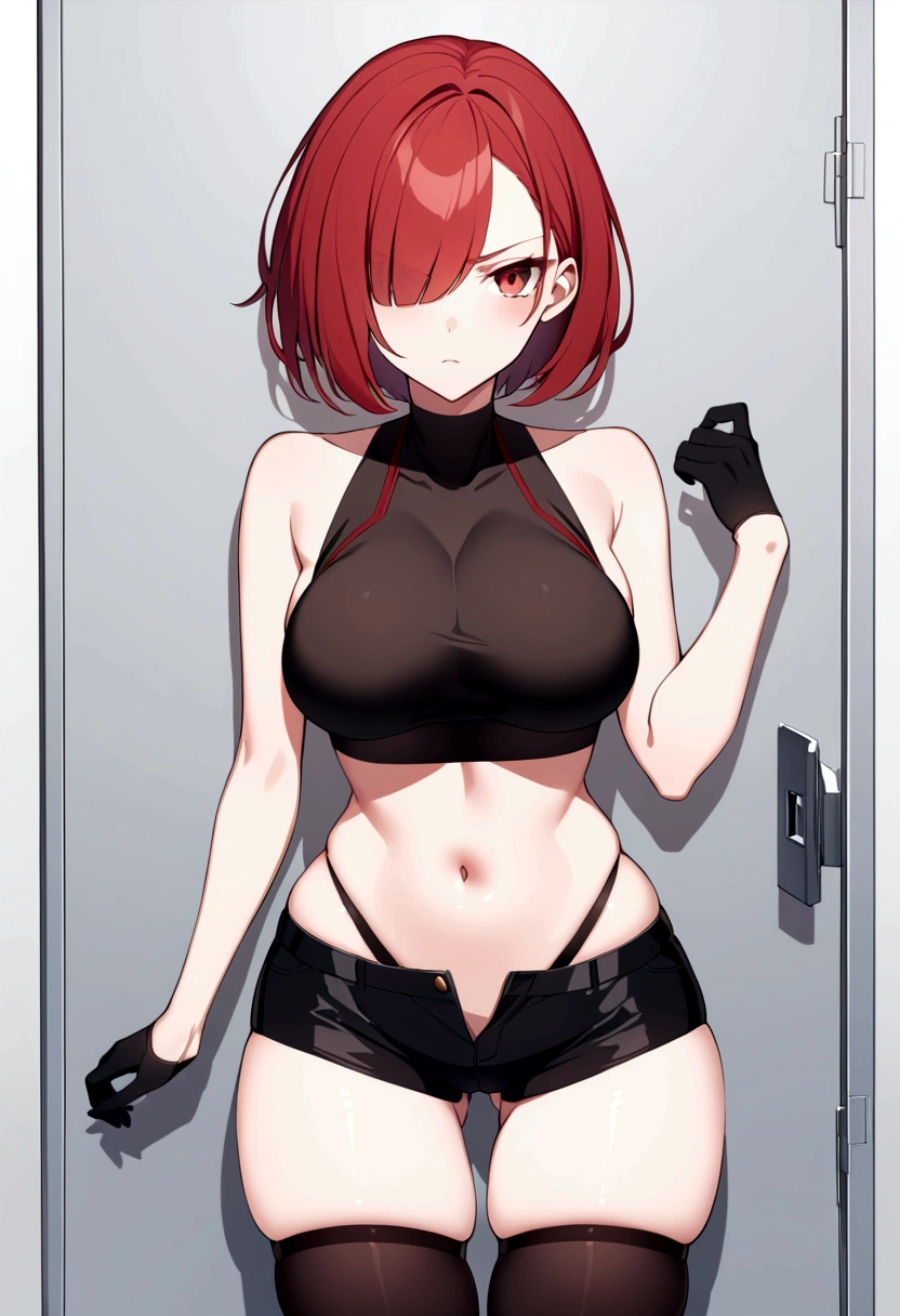 slender, mature female,rating:safe, gloves, black_gloves, 1girl, thighhighs, red_hair, breasts, short_hair, solo, black_legwear, red_eyes, navel, bare_shoulders, midriff, looking_at_viewer, thigh_gap, crop_top, shorts, standing, closed_mouth, black_shorts, sleeveless, large_breasts, bangs, short_shorts, medium_breasts, cowboy_shot, highleg, thighs, highleg_panties, half_gloves, stomach, hair_over_one_eye, skindentation, zettai_ryouiki, expressionless, frown, ass_visible_through_thighs