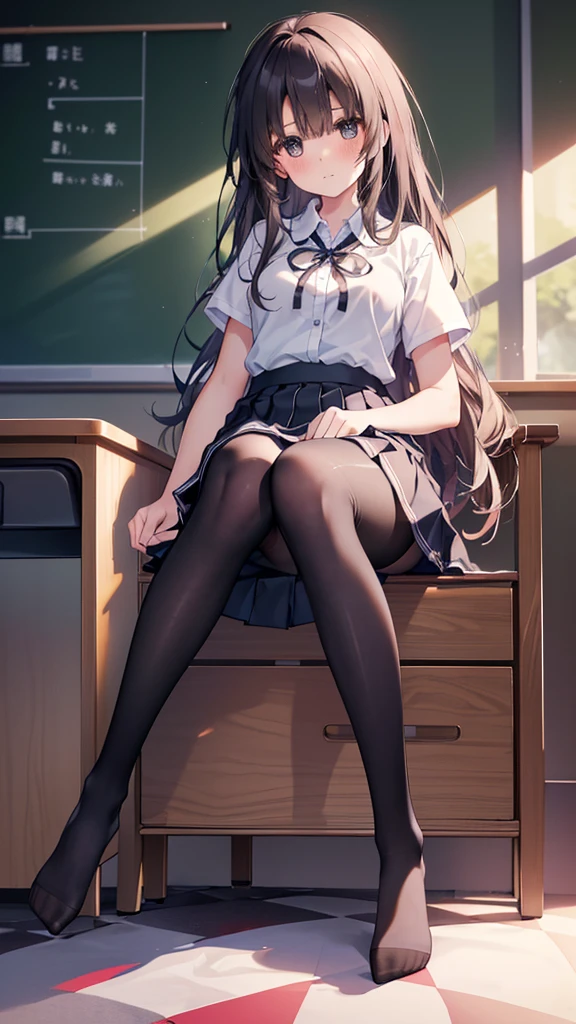 (8K、Best image quality、Highest quality、masterpiece)、One tall girl、((whole body))、Sit on the floor with your legs spread、White panties are visible、Long Hair、Wavy Hair、blush、Medium Bust、White collared shirt、Short sleeve、((Checkered pleated mini skirt))、Classroom Background、((black tights))、Black Pantyhose、((No shoes))