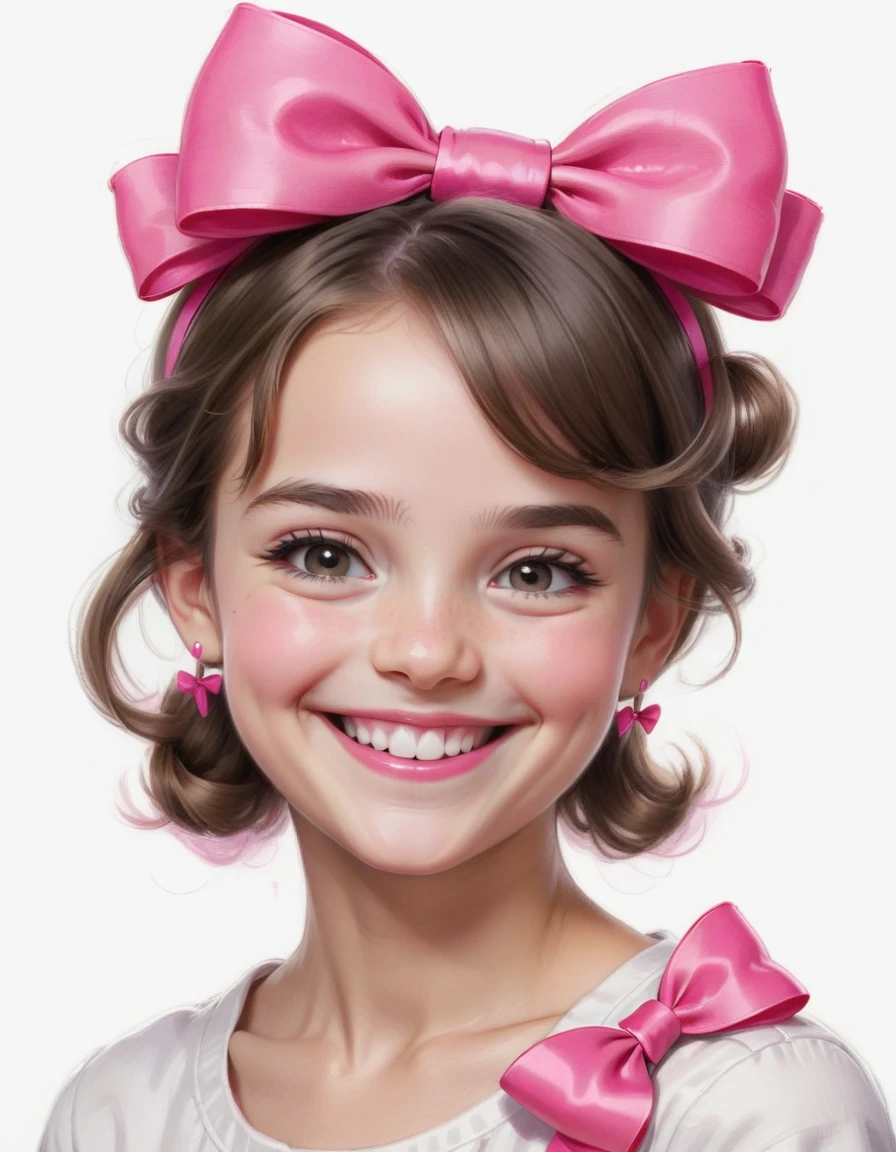 Drawing of a smiling, with a small bright pink bow on her head, com fundo branco