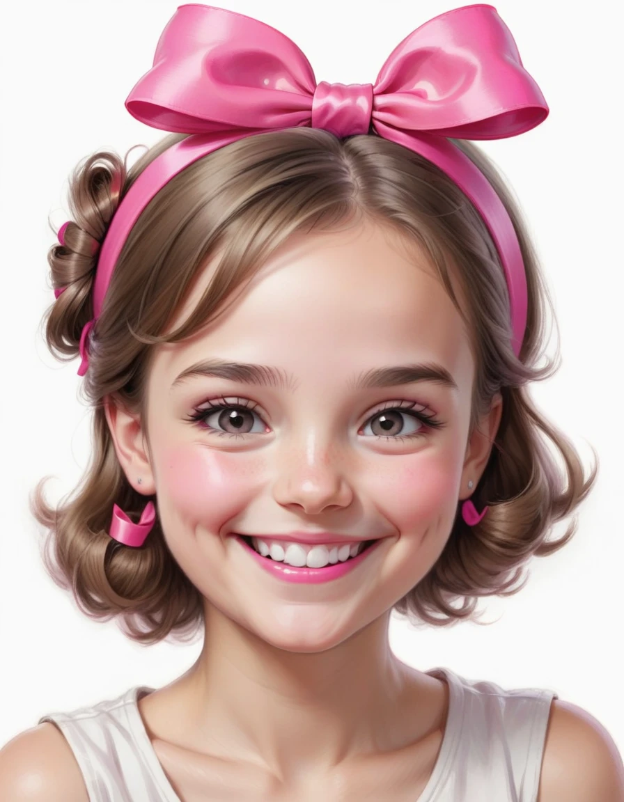 Drawing of a 3  girl smiling, with a small bright pink bow on her head, com fundo branco