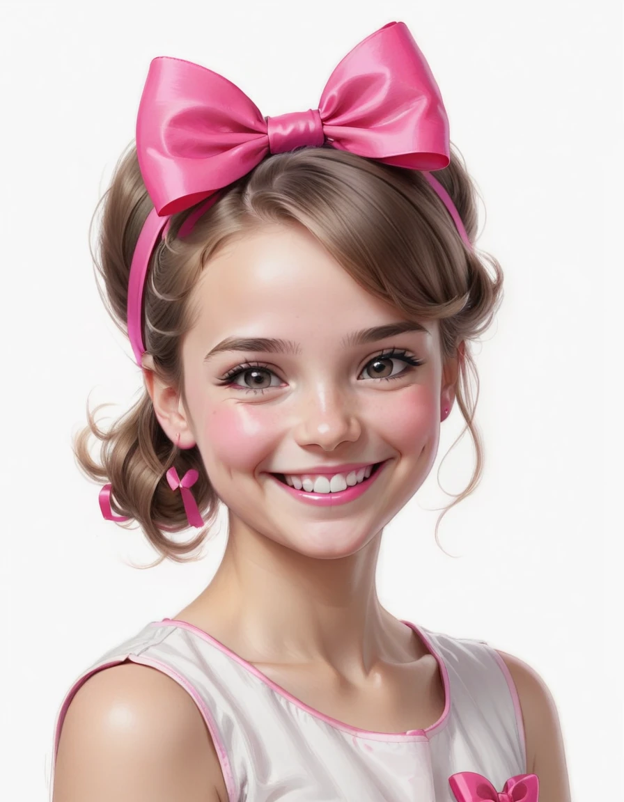 Drawing of a smiling, with a small bright pink bow on her head, com fundo branco