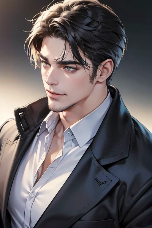 (best quality,4k,8k,highres,masterpiece:1.2),ultra-detailed,(realistic,photorealistic,photo-realistic:1.37),30 year old man,3 day beard,handsome anime,portraits,strong,masculine,dark hair,sharp jawline,mesmerizing eyes,perfectly styled hair,cool anime outfit,confident expression,vibrant colors,dynamic lighting, CEO and expression smile in love.
