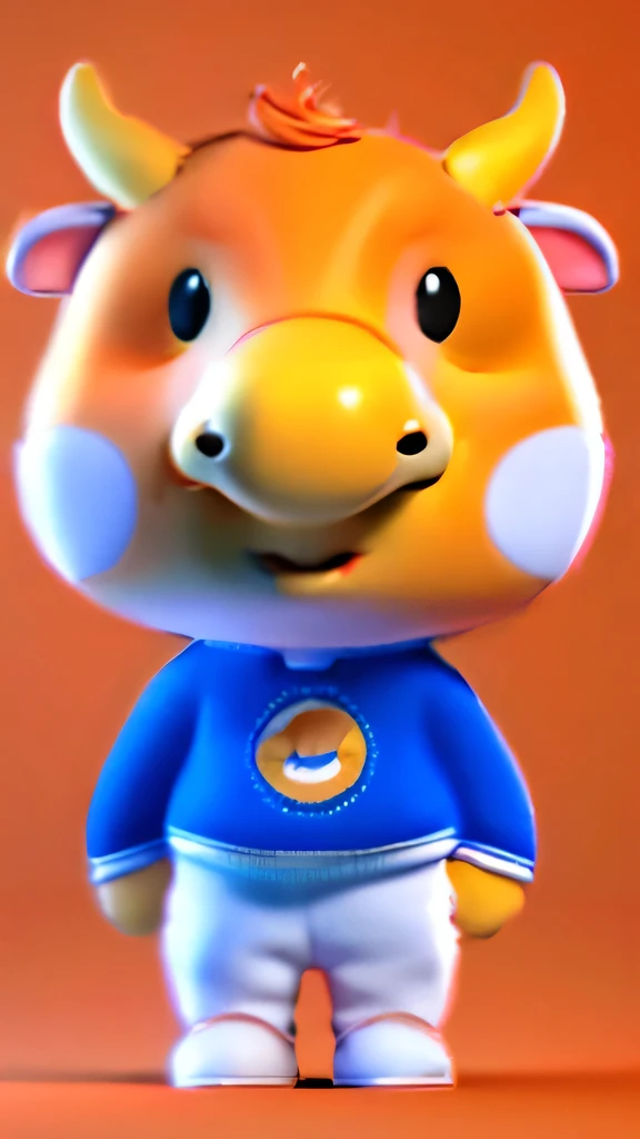 Cute cartoon orange cow，The head and body are a gradient from orange to，There are round blush on both sides of the cheeks，Orange gloves and shoes on hands and feet，whole body，3D Model，3D renderings，Solid color background，3D renderings