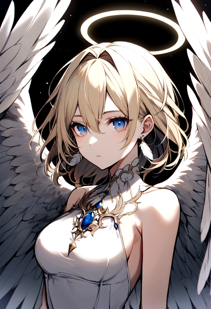 slender, mature female,wings, rating:safe, angel_wings, feathered_wings, white_wings, 1girl, solo, feathers, breasts, angel, halo, bare_shoulders, blue_eyes, multiple_wings, looking_at_viewer, jewelry, white_feathers, closed_mouth, short_hair, medium_breasts, earrings, blonde_hair, long_hair, sleeveless, dress, eyebrows_visible_through_hair, bangs, white_dress, hair_between_eyes, expressionless, upper_body, sky, spread_wings, sleeveless_dress, hair_intakes, black_background, single_wing