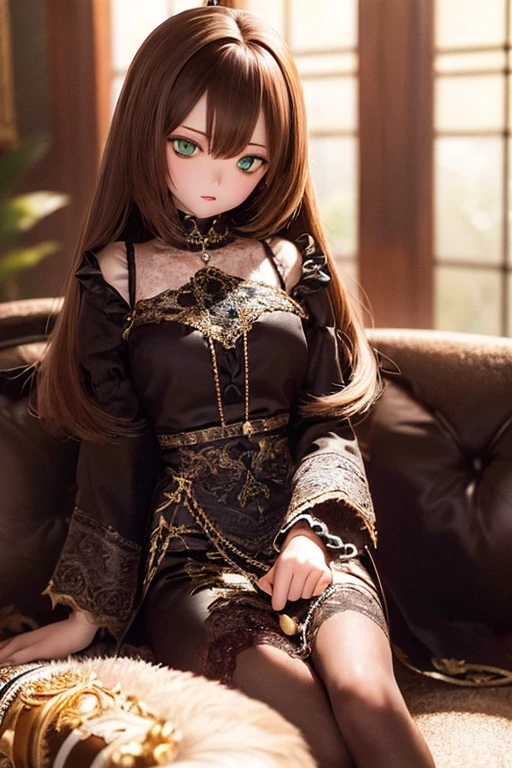 photorealistic, realistic photo, ((highest quality)), ((masterpiece)), kukolnydom, doll, (mature woman:1.6), solo, ((eye level shot, sitting on sofa, reclining on sofa, skinny, slender, slim, brown hair, parted lips)), detailed face, green eyes, (looking down:1.3), (gradient eyes, eyes out of focus, emotionless eyes, blank stare, empty eyes, detailed eyes), blouse, castle, 8k