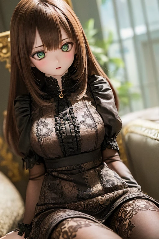 photorealistic, realistic photo, ((highest quality)), ((masterpiece)), kukolnydom, doll, (mature woman:1.6), solo, ((eye level shot, sitting on sofa, reclining on sofa, skinny, slender, slim, brown hair, parted lips)), detailed face, green eyes, (looking down:1.3), (gradient eyes, eyes out of focus, emotionless eyes, blank stare, empty eyes, detailed eyes), blouse, castle, 8k