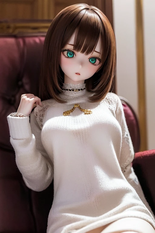photorealistic, realistic photo, ((highest quality)), ((masterpiece)), kukolnydom, doll, 1girl, solo, ((cowboy shot)), sitting on crate, skinny, slender, slim, green eyes, brown hair, parted lips, (looking down, blank eyes, empty eyes, detailed eyes:1.3), dress, warehouse, 8k