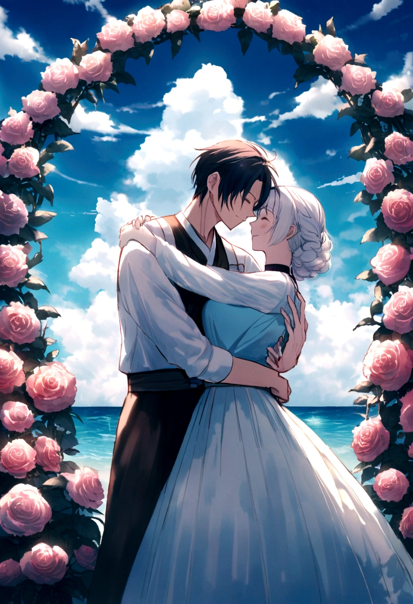 In a romantic atmosphere,Couple cuddling,Stroll through the Sea of Roses,Under the blue sky and white clouds,Feel the romantic theme of Valentine's Day。