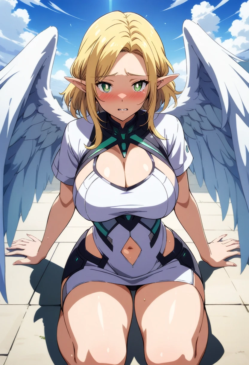 anime art style, masterpiece, best quality, very aesthetic, absurdres, dynamic shadows, atmosferic, marcilledonato, ((1girl)), blonde hair, medium hair, parted bangs, green eyes, detailed eyes, bright pupils, pointy ears, curvy body, large breasts, sexy, ((futuristic clothes)), white hoodie, cutout on cleavage, short sleeves, miniskirt, white wings, big wings, borrowed, embarrased, intense blush, ((cowboy shot)), (from front), (wariza), sky, clouds, (looking at viewer:1.0)