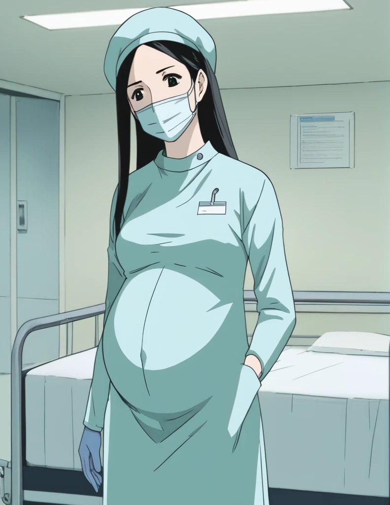 score_9, score_8_up, score_7_up, source_anime, kasuganoray, pale skin, shy eyes, long hair, scrubs, surgical mask, surgical cap, long sleeve maternity gown, seamless, seamless long sleeved maternity clothes,
1girl, pregnant, solo, rubber gloves, looking down, furrowed brow, hospital bed, standing