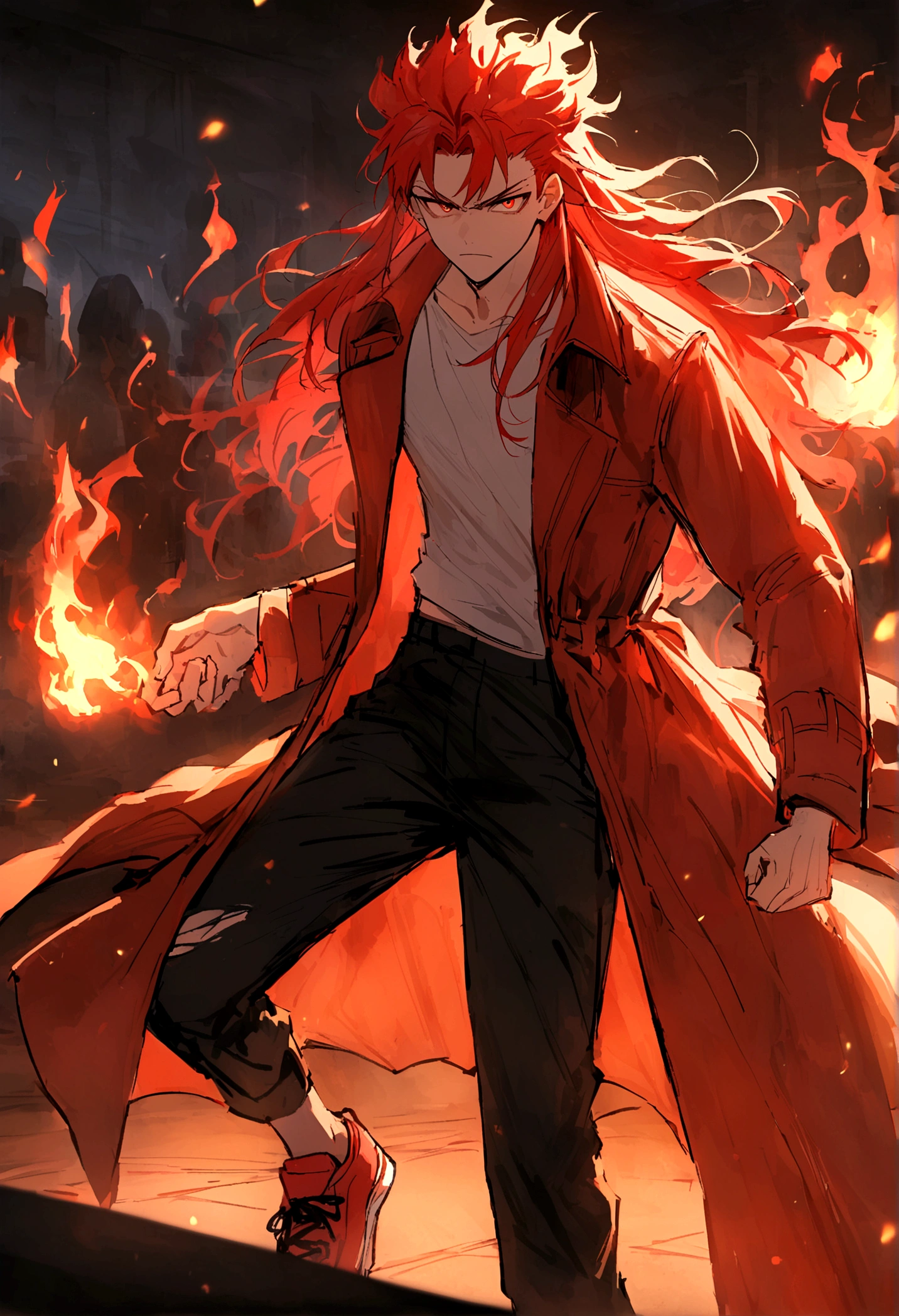 Teenage boy, hair spiked up, long hair, fiery red hair, serious face, Eyes red, ripped black loose shirt, wide and torn dark red overcoat, black pants, Red sneakers, fire aura around the character, scene in an open-air fighting arena, lot of details, best qualityer