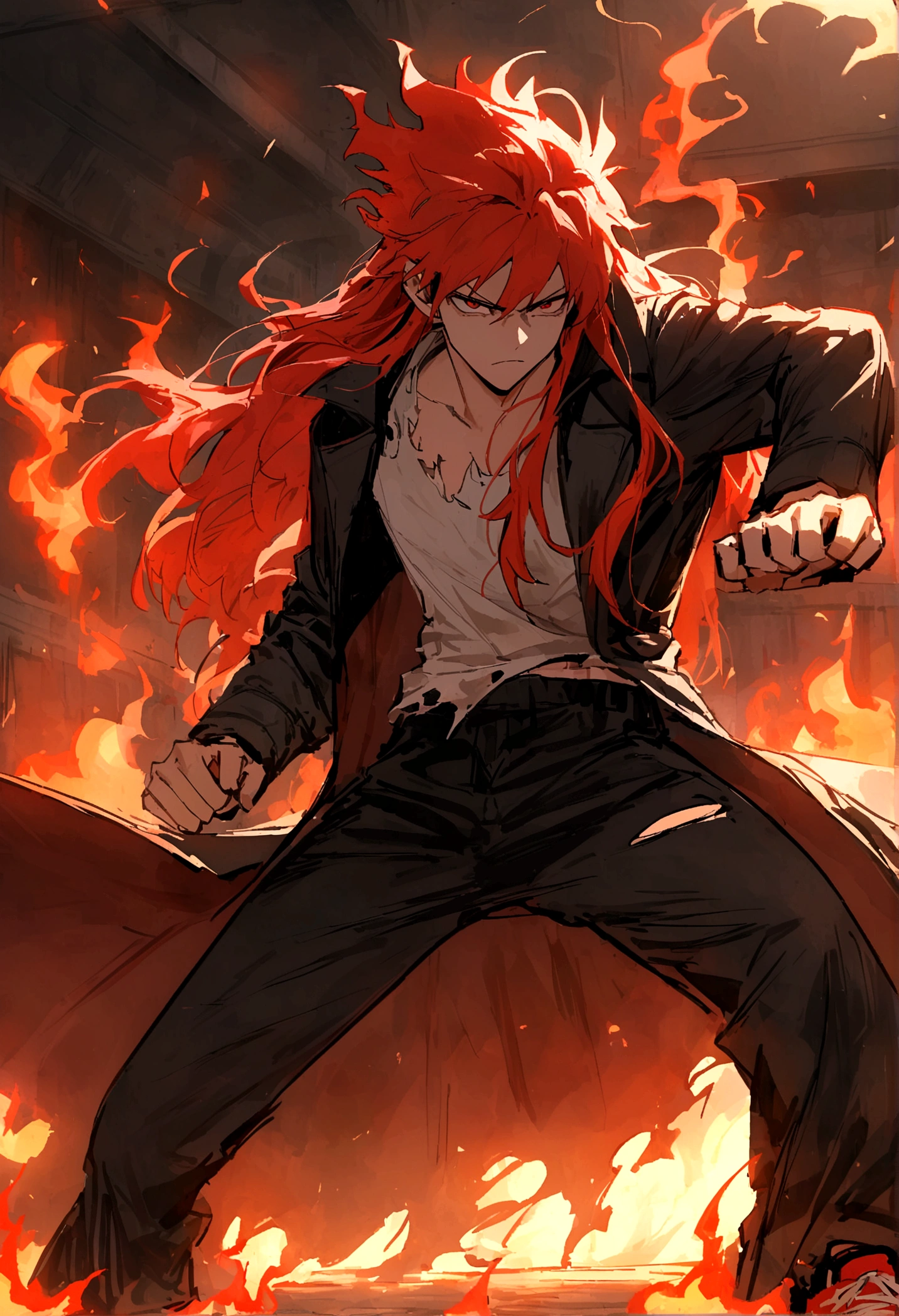 Teenage boy, hair spiked up, long hair, fiery red hair, serious face, Eyes red, ripped black loose shirt, wide and torn dark red overcoat, black pants, Red sneakers, fire aura around the character, scene in an open-air fighting arena, lot of details, best qualityer