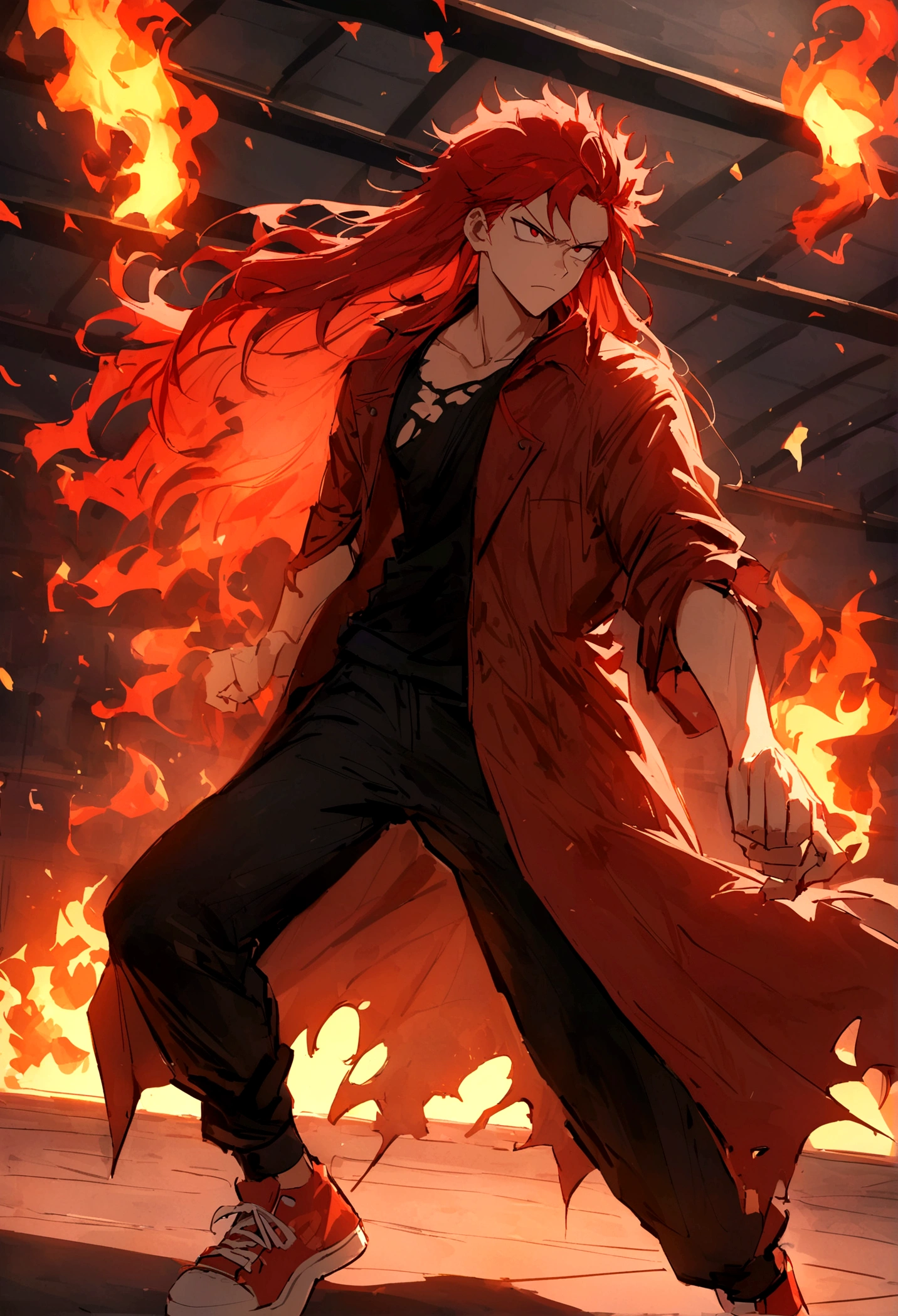 Teenage boy, hair spiked up, long hair, fiery red hair, serious face, Eyes red, ripped black loose shirt, wide and torn dark red overcoat, black pants, Red sneakers, fire aura around the character, scene in an open-air fighting arena, lot of details, best qualityer