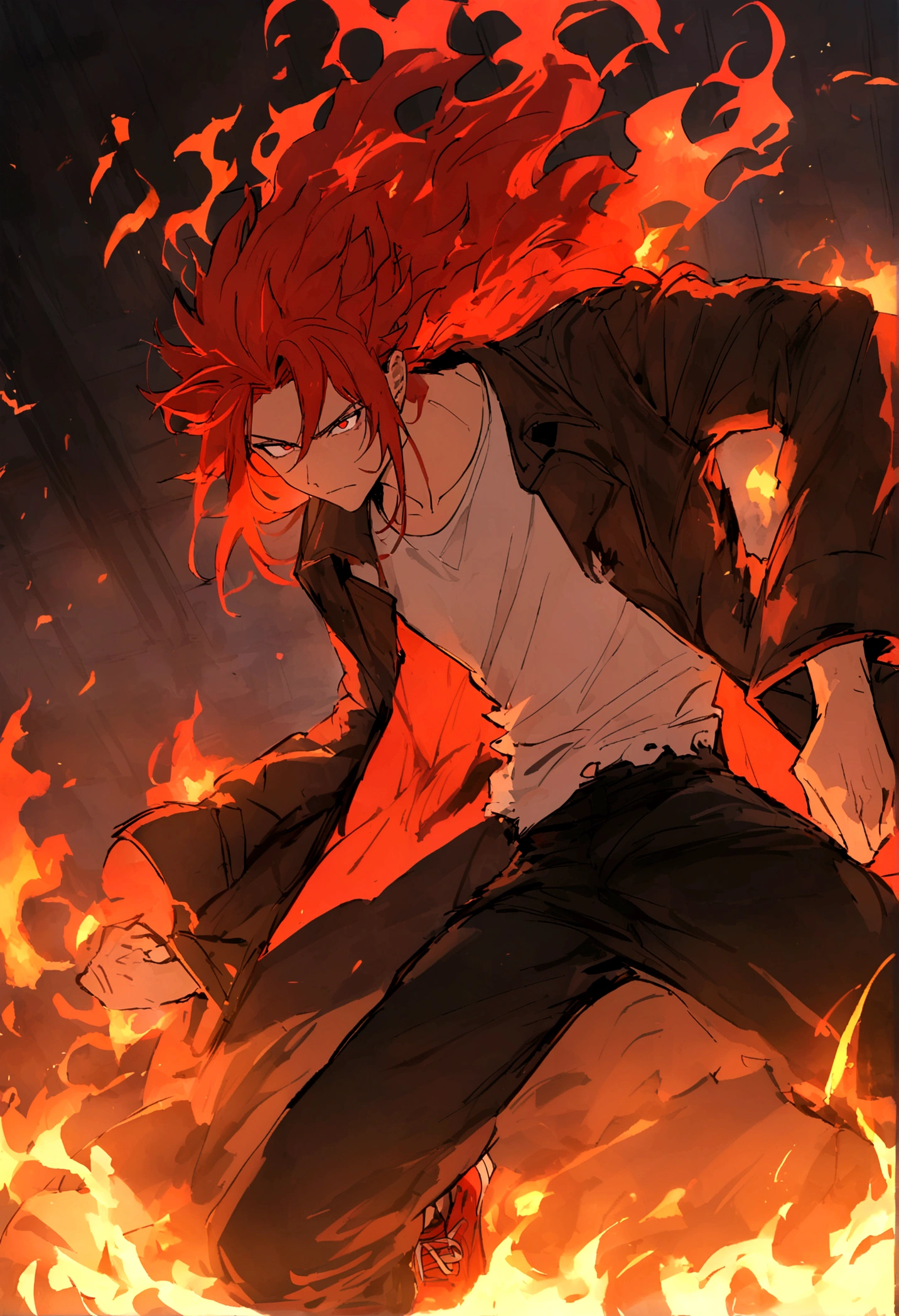 Teenage boy, hair spiked up, long hair, fiery red hair, serious face, Eyes red, ripped black loose shirt, wide and torn dark red overcoat, black pants, Red sneakers, fire aura around the character, scene in an open-air fighting arena, lot of details, best qualityer