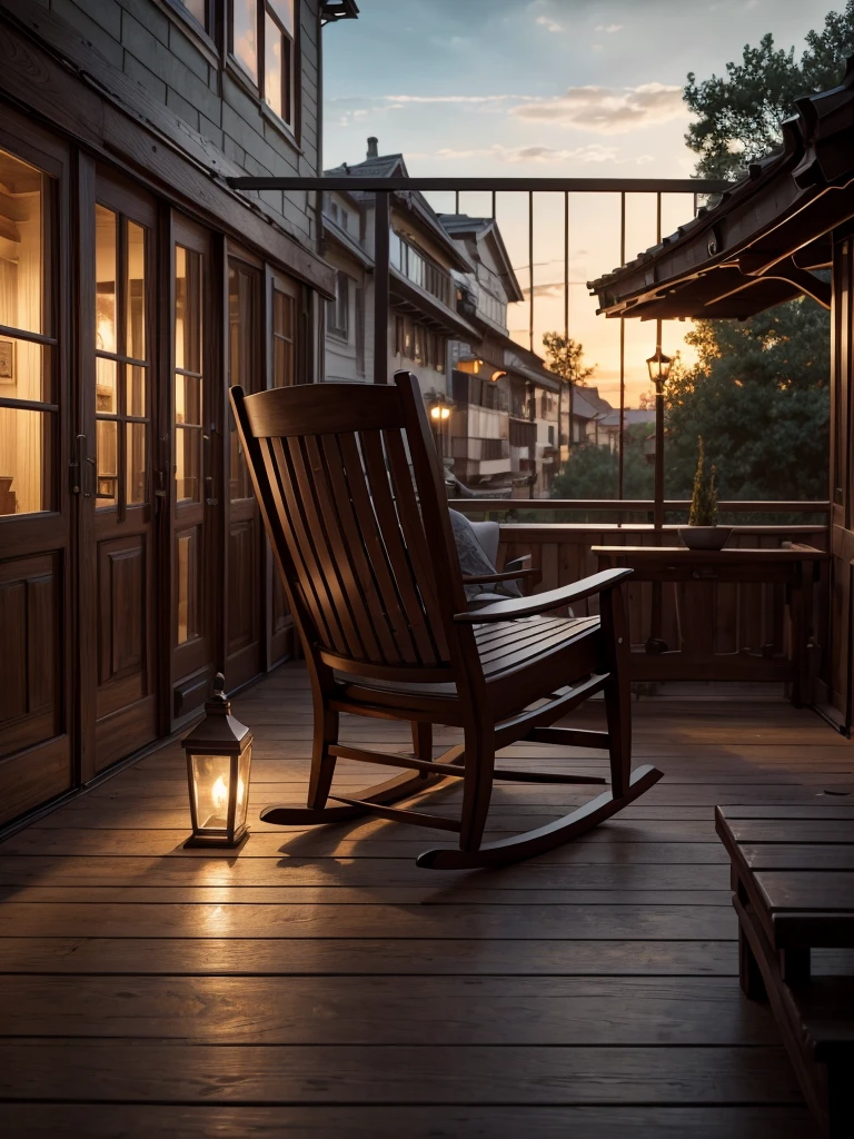 Masterpiece, Illustrate a scene featuring a rocking chair on a terrace, 16K, ultra high res.photorealistic, HDR, UHD, DSLR, RAW, cinematic lighting,Horror