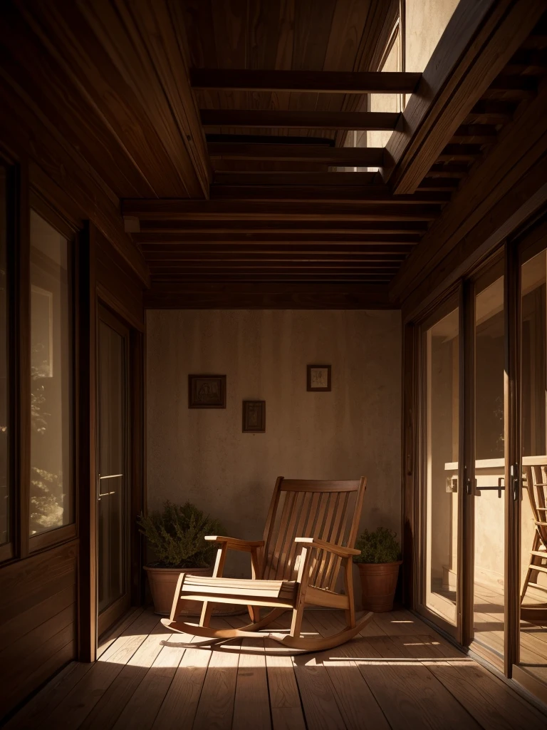 Masterpiece, Illustrate a scene featuring a rocking chair on a terrace, 16K, ultra high res.photorealistic, HDR, UHD, DSLR, RAW, cinematic lighting,Horror