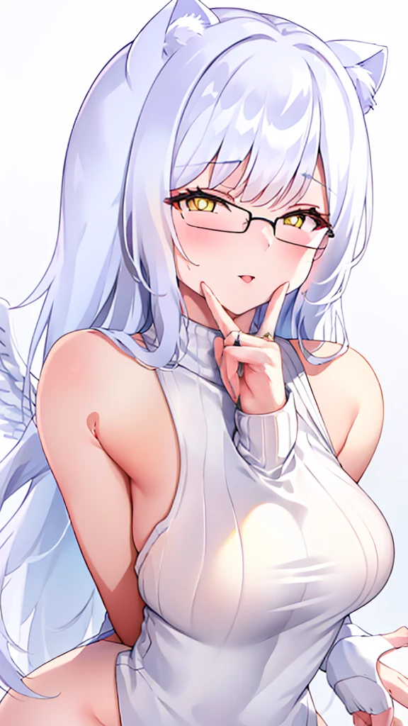 An 18 year old female angel with long, white hair, yellow eyes, white cat ears, and large white angel wings. yellow halo ring round white glasses (White halter turtleneck sweater, purekiller sweater, sleeveless, sexy backless sweater) white arm warmers finger touching lips