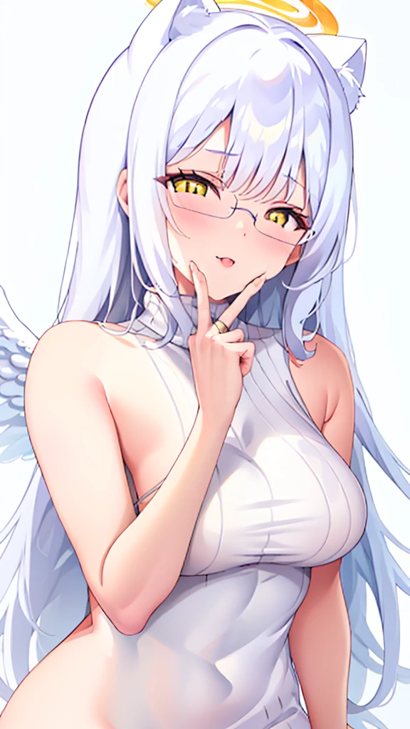 An 18 year old female angel with long, white hair, yellow eyes, white cat ears, and large white angel wings. yellow halo ring round white glasses (White halter turtleneck sweater, purekiller sweater, sleeveless, sexy backless sweater) white arm warmers finger touching lips