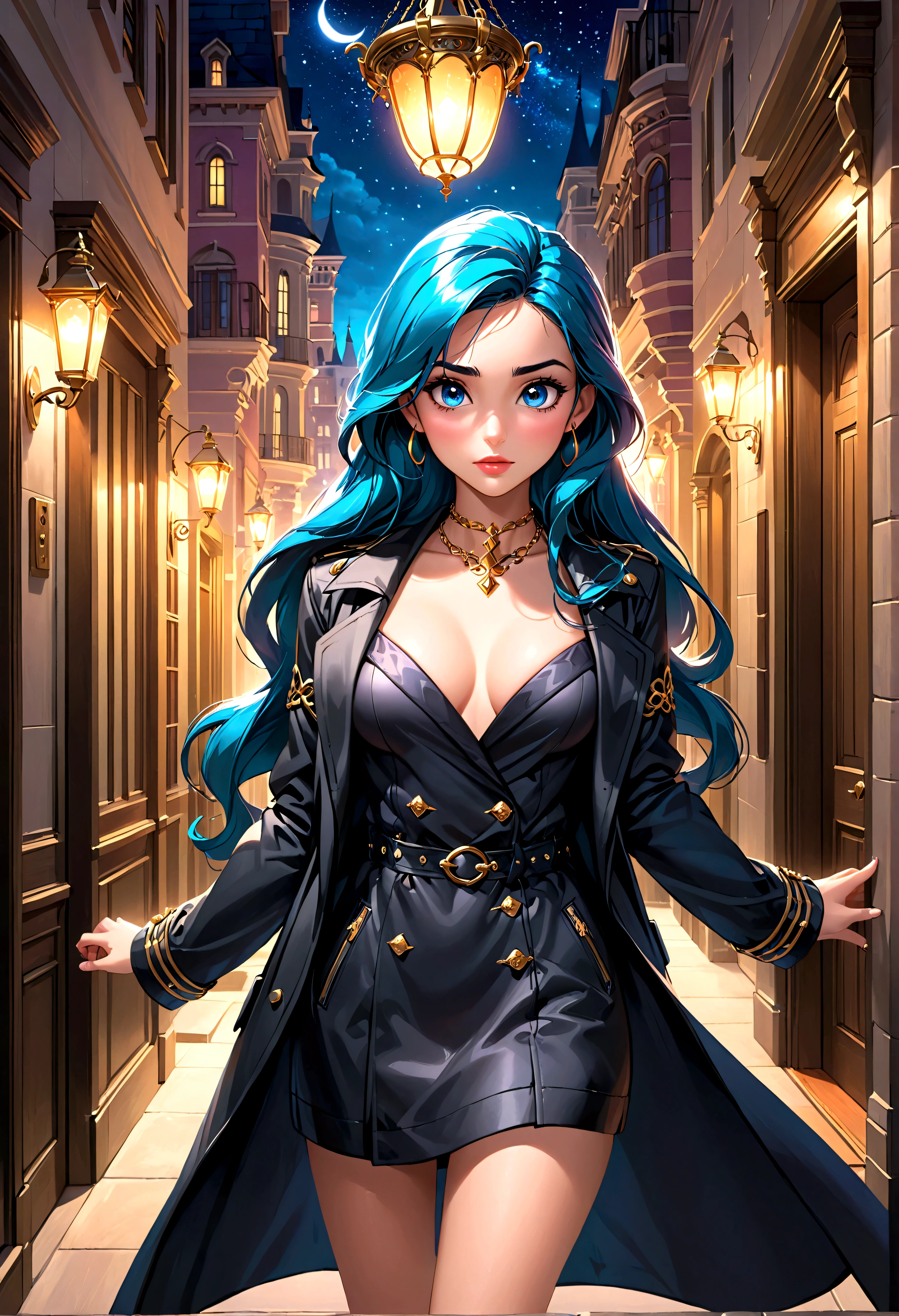 (1girl, disney princess jasmine, black trenchcoat, royal miniskirt, royal haltertop, gold bodychains, sneaking out, princess girls night out, princess ariel's downtown apartment, elegant, beautiful detailed eyes, beautiful detailed lips, extremely detailed eyes and face, long eyelashes, high quality, 8k, photorealistic, professional, vivid colors, studio lighting, physically-based rendering, sharp focus)