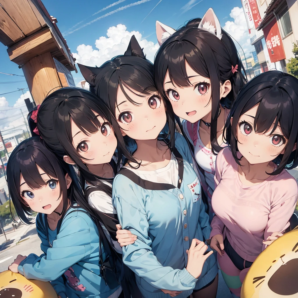 3 anime girls in a cute pose, looking up directly at the camera, 2 are in a cat pajama while the other is in a dog pajama