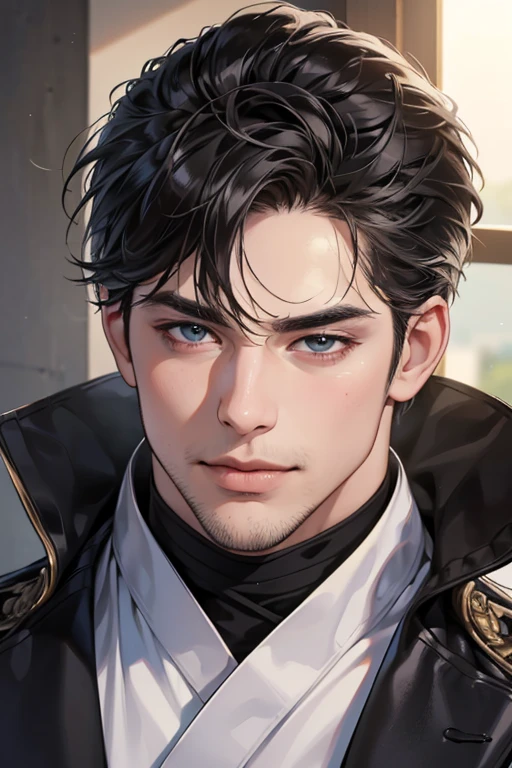 (best quality,4k,8k,highres,masterpiece:1.2),ultra-detailed,(realistic,photorealistic,photo-realistic:1.37),30 year old man,3 day beard,handsome anime,portraits,strong,masculine,dark hair,sharp jawline,mesmerizing eyes,perfectly styled hair,cool anime outfit,confident expression,vibrant colors,dynamic lighting, CEO and expression smile in love.