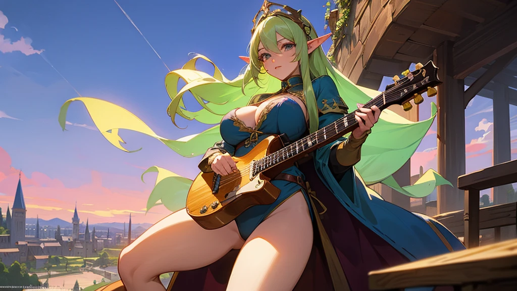 Anime Style,Nostalgic,Detailed background,The medieval world,A lively bar with lots of people,Beautiful sky,Beautiful Elf Bard,guitar,Big cleavage,Healthy thighs
