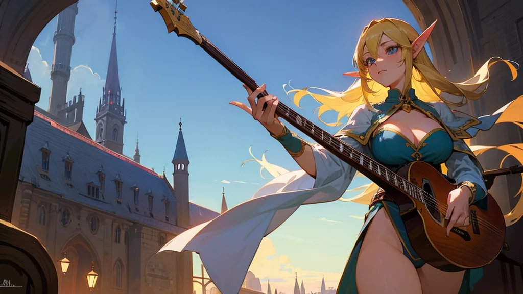 Anime Style,Nostalgic,Detailed background,The medieval world,A lively bar with lots of people,Beautiful sky,Beautiful Elf Bard,guitar,Big cleavage,Healthy thighs