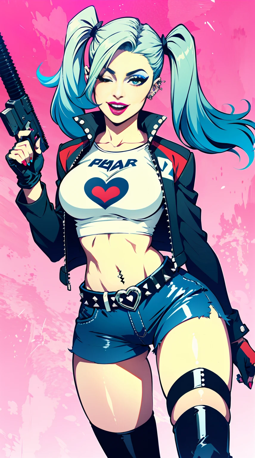 Harley Quinn, 1girl, solo, long hair, breasts, smile, open mouth, skirt, thighhighs, gloves, navel, holding, twintails, jewelry, blue hair, jacket, weapon, pink hair, heart, multicolored hair, one eye closed, shorts, midriff, belt, miniskirt, fingerless gloves, nail polish, crop top, gun, short shorts, makeup, piercing, lipstick, pale skin, red jacket, handgun, eyeshadow, revolver, heart tattoo, studded belt, shiny skin, specular highlights,big 