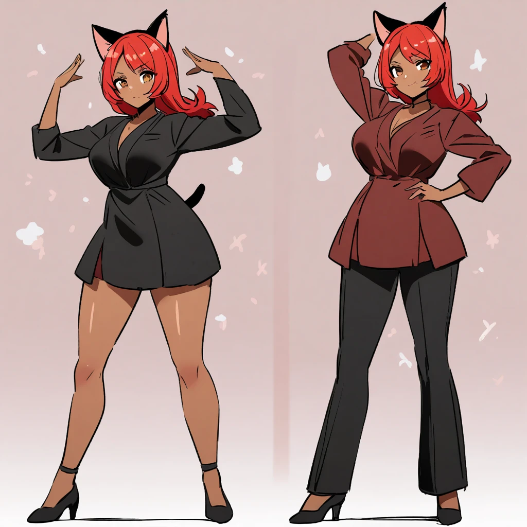 Girl, red hair, dark skin, cat ears, brown eyes, beautiful, mature, dancing rickroll style