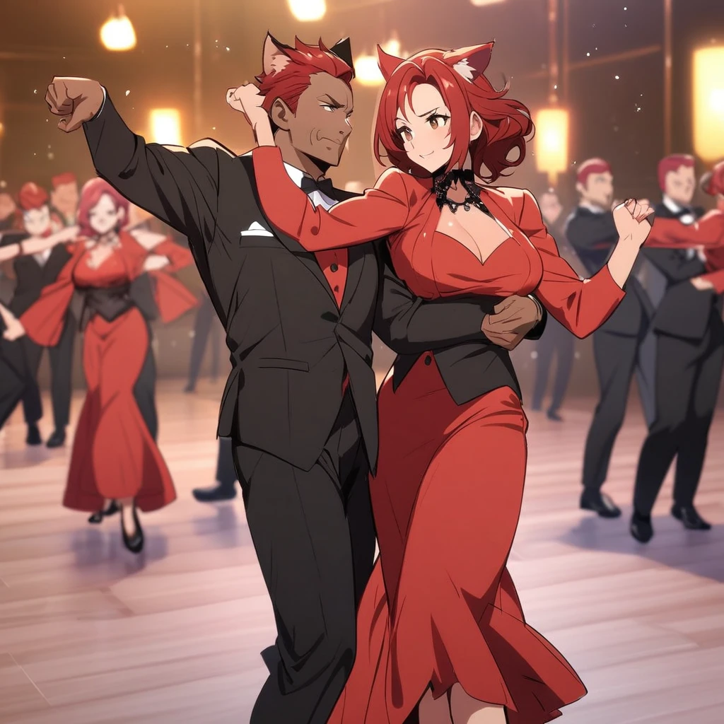 Girl, red hair, dark skin, cat ears, brown eyes, beautiful, mature, dancing rickroll style