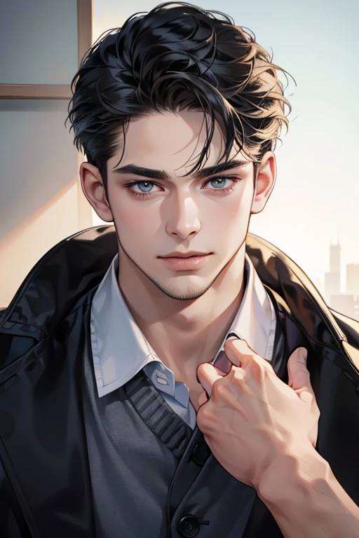 (best quality,4k,8k,highres,masterpiece:1.2),ultra-detailed,(realistic,photorealistic,photo-realistic:1.37),30 year old man,3 day beard,handsome anime,portraits,strong,masculine,dark hair,sharp jawline,mesmerizing eyes,perfectly styled hair,cool anime outfit,confident expression,vibrant colors,dynamic lighting, CEO and expression smile in love.
