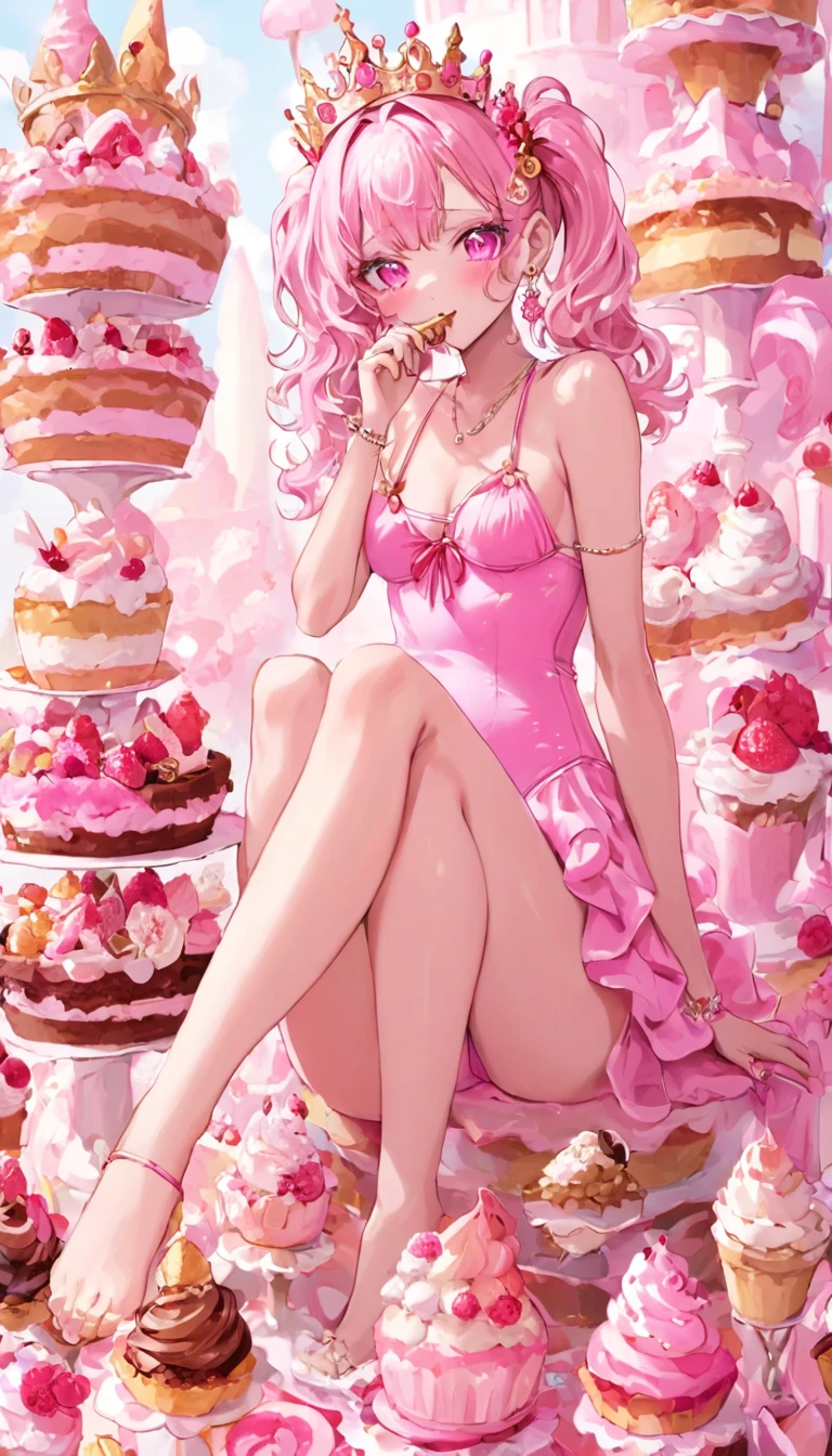 masterpiece, dessert goddess, sitting on top of a tall cake tower, detailed face, pink dessert garden, cute dessert decorations, ice cream, cookies, turning to look at viewer, pink eyes, long curly pony tail hair, wearing lots of jewelry, desset themed jewelry, dessert themed earings, sexy dessert themed bathing suit, happy, turning to face viewer, wielding magical cake wand, fancy dessert crown