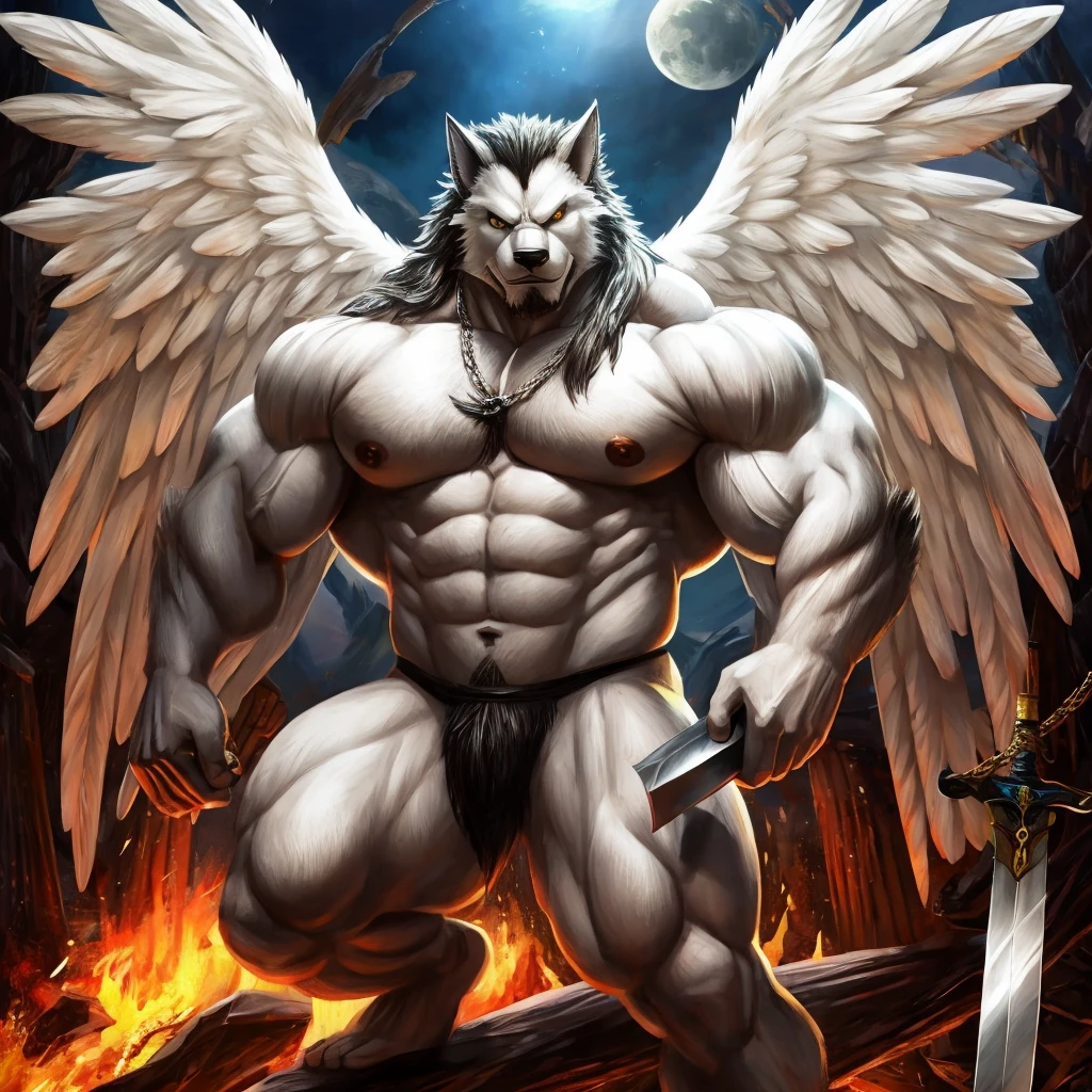 lobo, naked, Muscle man, sword, Angel wings