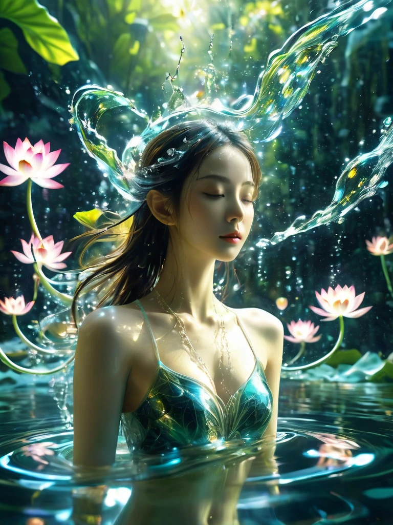 1girl,beautiful,blingbling water,Motion blurred,many many many fractal plants,Movie-level lighting effects,lotus pose, on the water, reflection,,Glowing Line,Glow Example,Tracking example,flash, Backlight,translucent,light particles