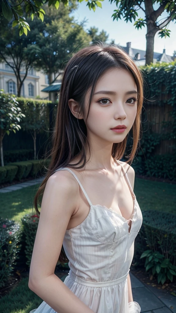 ((Number one in the underworld, Top of the hierarchy, beautiful girl)), :1.5, Slender body line, Small and slender figure, Tight-fitting clothing, Short Hair, Smooth and delicate body, The spacious garden of the mansion, Walk gracefully, (Perfect Anatomy:1.3), (Detailed eyes and face:1.3, Captivating Lips, Professional photography techniques, Cinema Lighting), (Highest quality, 8K, masterpiece:1.2, RAW Photos), (Reality:1.37), Ultra-detailed, Serious expression, The world view of justice, Up and down society, Outrage, View the viewer