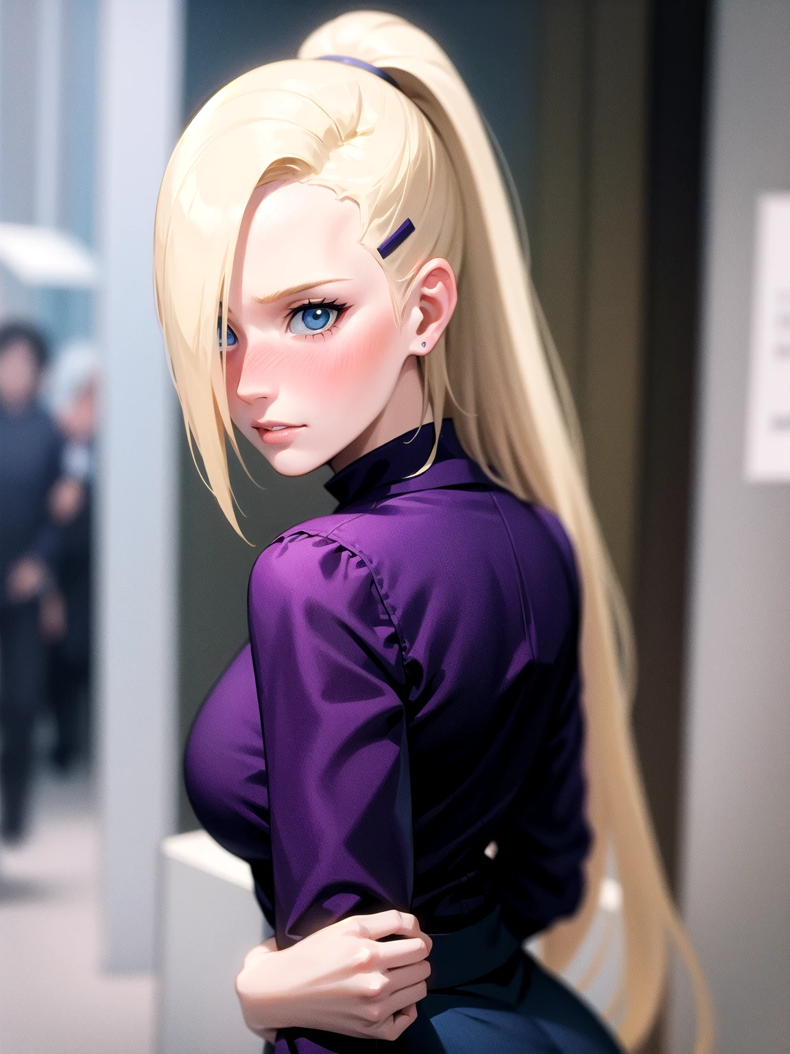 {-erro_de_anatomia:1.0} estilo anime, Masterpiece, absurdities, Yamanaka Ino\(Naruto\), 1girl Solo, woman, Perfect composition, Detailed lips, Beautiful face, body proportion, Blush, Long blonde hair, blue eyes, purple blouse, purple pant, Soft gauze, Super realistic, Detailed, photo shoot, Realistic faces and bodies, masterpiece, best quality, best illustration, hyper detailed, 1 woman, solo, glamorous, blushing, upper body, fighting, on nature, backwards, looking back, dimanic poses