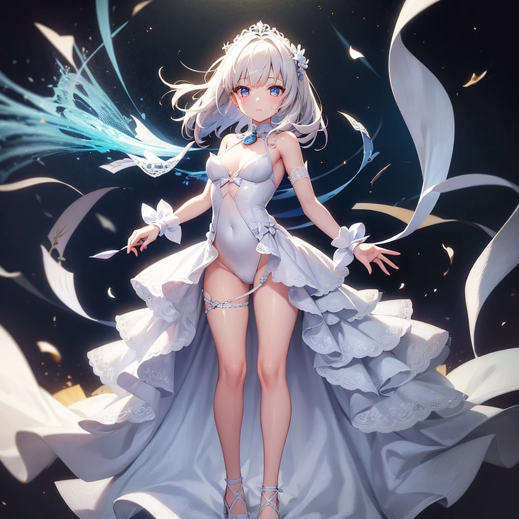 (((White Wedding Dress))), ((Bellline)),((In a naughty way)),Cute little loli,Tiny Lori,Small girl,,Childish face, Very fine clean face,Top quality, Big eyes,Straight Hair,Yellow hair,Crimson Eye,(Dark Room), Subtle light, Natural light,Soft lighting,Light from directly behind, (Are standing), Cute pose, (Open your hands), Showing the whole body,Front view,Black background