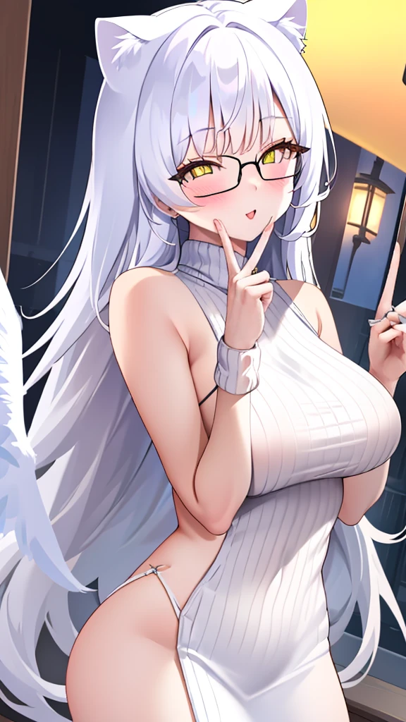 An 18 year old female angel with long, white hair, yellow eyes, white cat ears, and large white angel wings. yellow halo ring round white glasses (White halter turtleneck sweater, purekiller sweater, sleeveless, sexy backless sweater) white arm warmers finger touching lips
