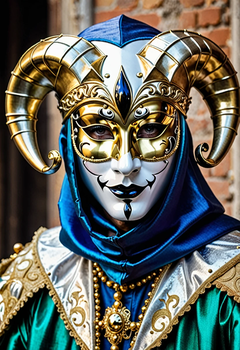 Jester looking straight ahead with a gold and silver Venetian mask with a sad look that his eyes cannot be seen, Let them be empty sockets that project fear and melancholy