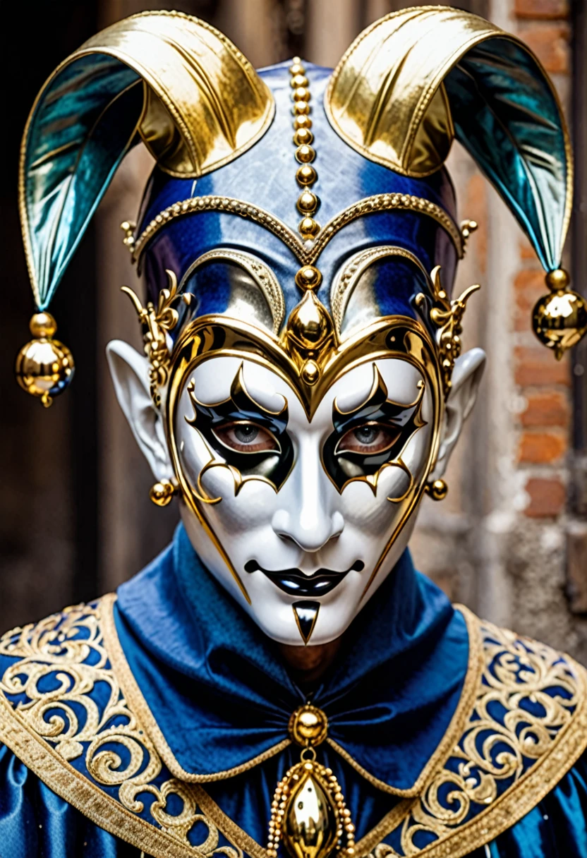 Jester looking straight ahead with a gold and silver Venetian mask with a sad look that his eyes cannot be seen, Let them be empty sockets that project fear and melancholy